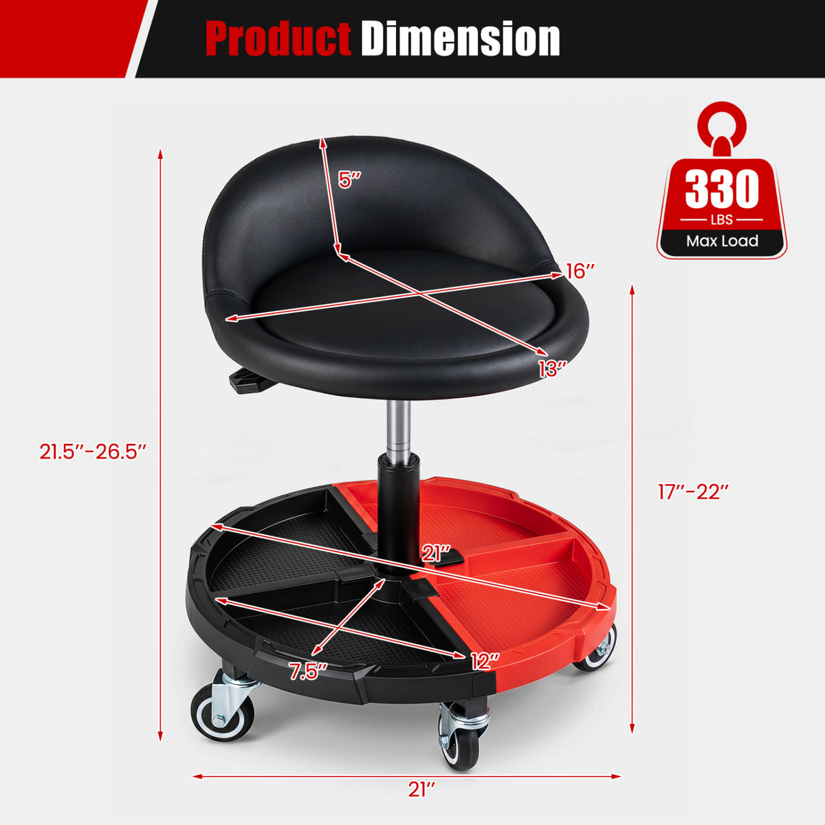 360° Rolling Mechanic Stool with 1 Tool Storage Tray-Red