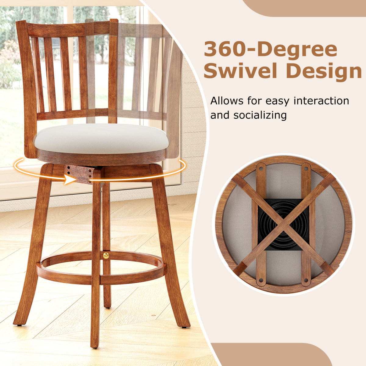 360° Rotating Counter Height Chairs Set of 4 with Backrest and Upholstered Seat-29/Seat-24 inches