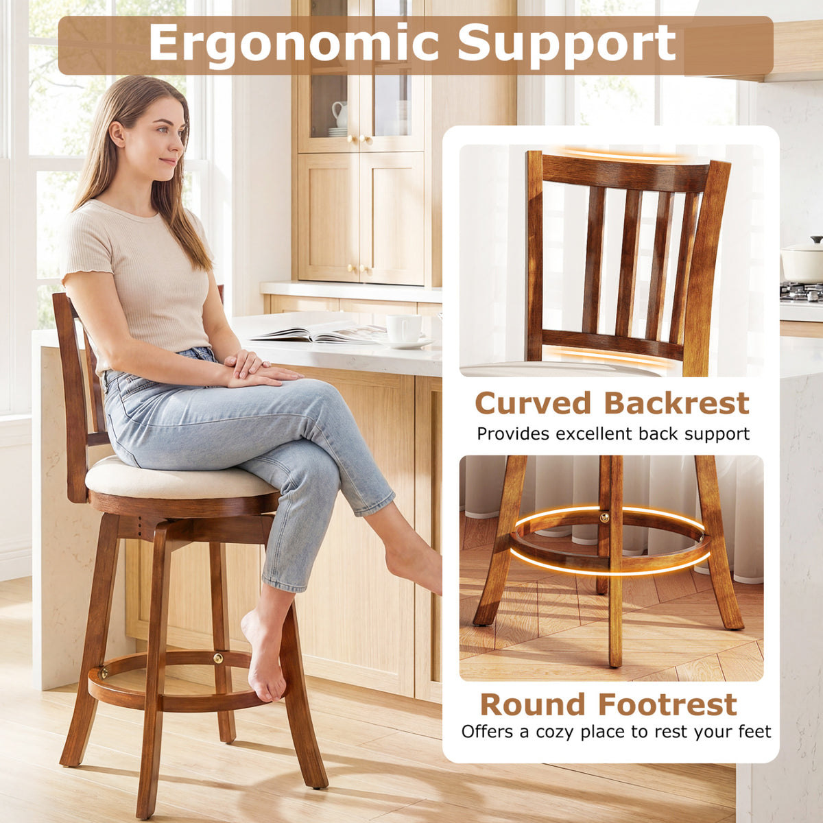 360° Rotating Counter Height Chairs Set of 4 with Backrest and Upholstered Seat-29/Seat-24 inches