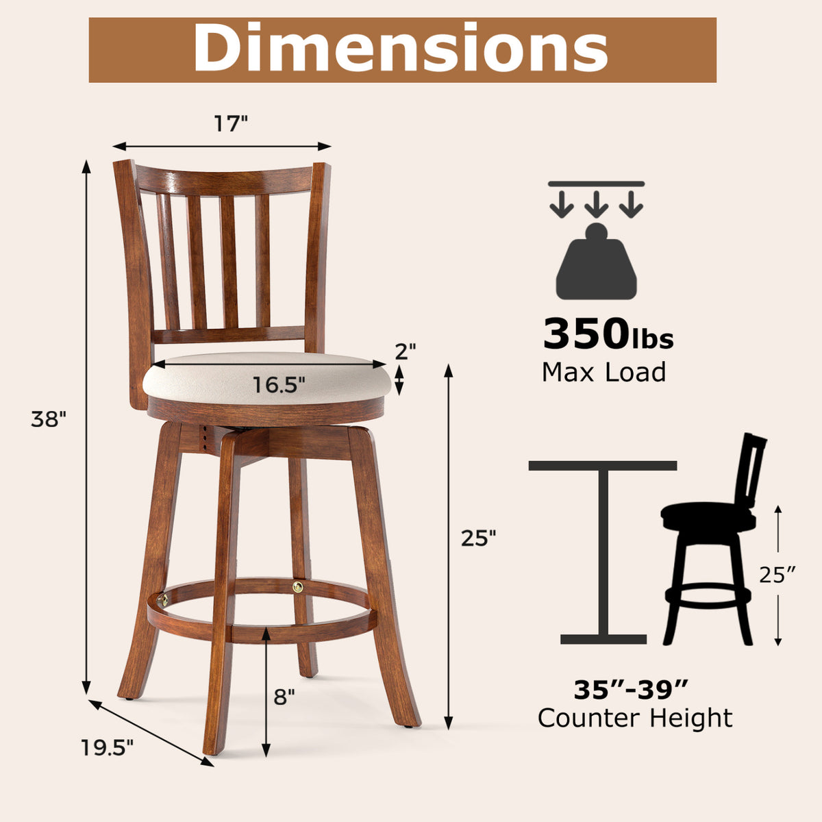360° Rotating Counter Height Chairs Set of 4 with Backrest and Upholstered Seat-29/Seat-24 inches