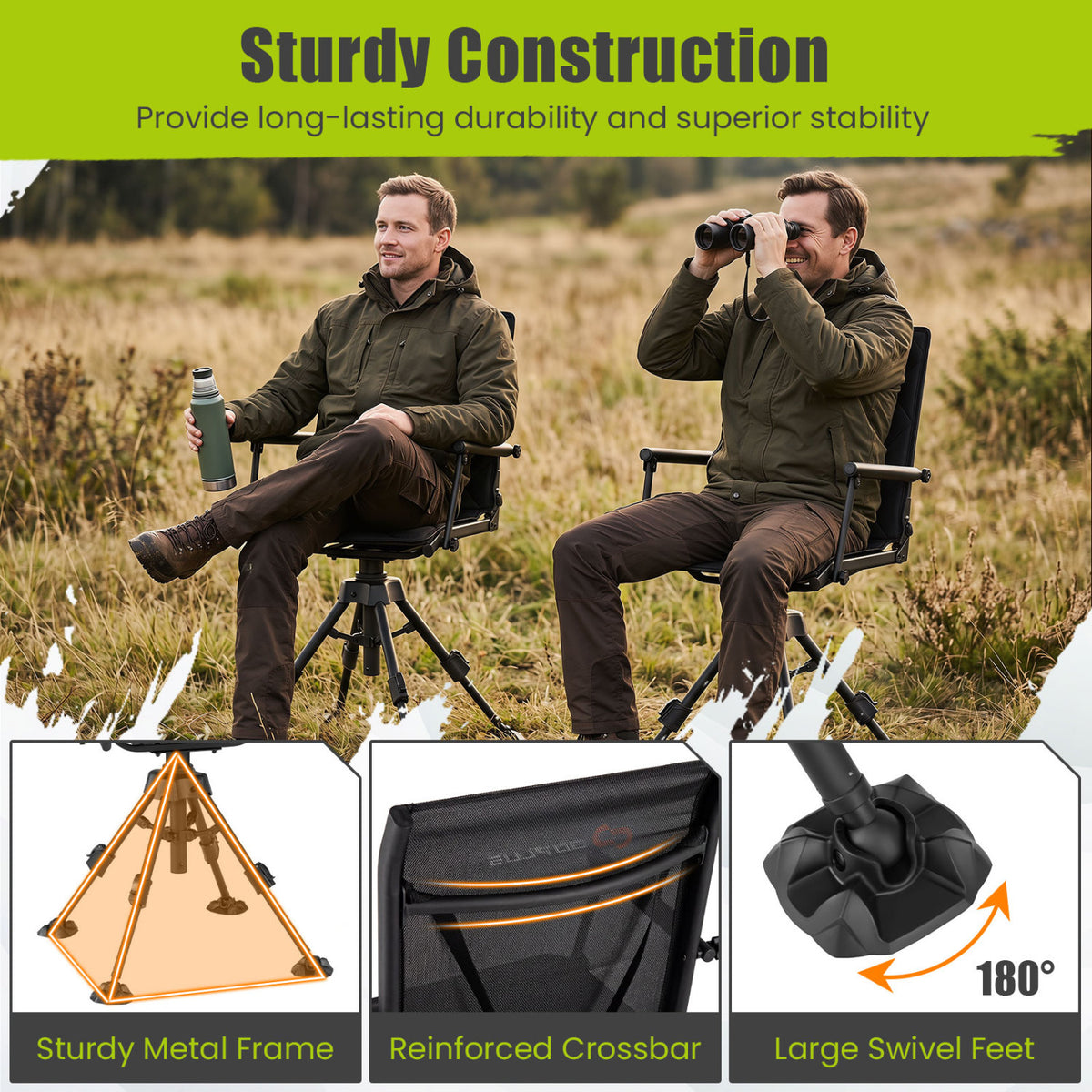 360° Silent Swivel Hunting Seat with 5-Level Adjustable-Black