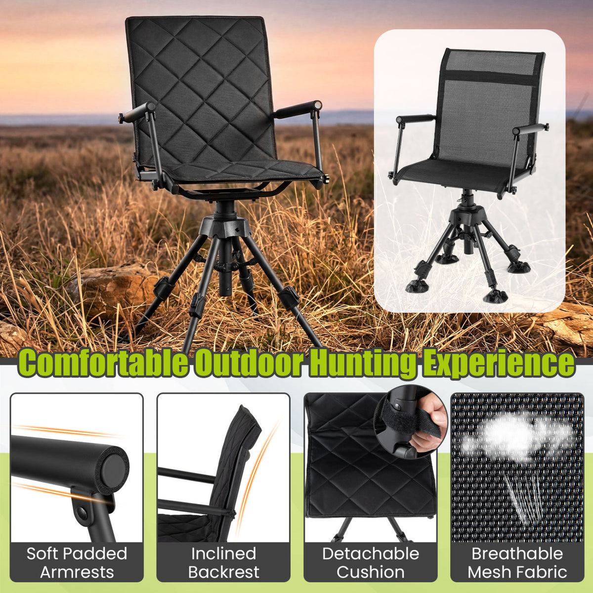 360° Silent Swivel Hunting Seat with 5-Level Adjustable-Black