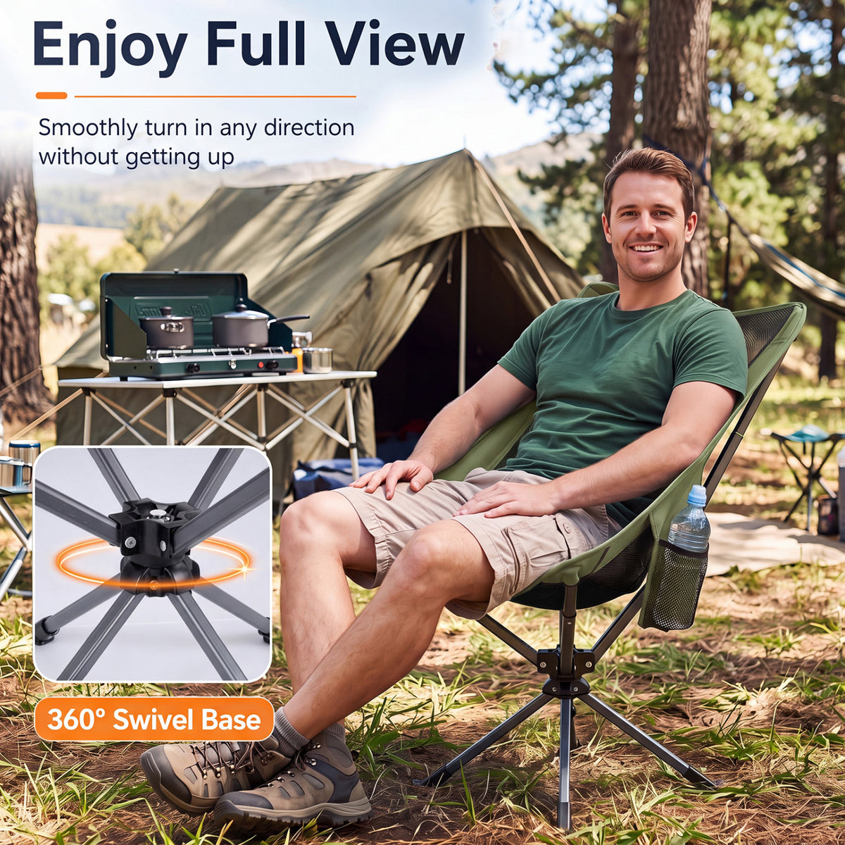 360° Swivel Camping Chair with Cup Holder and Side Pocket for Beach Support 300 LBS
