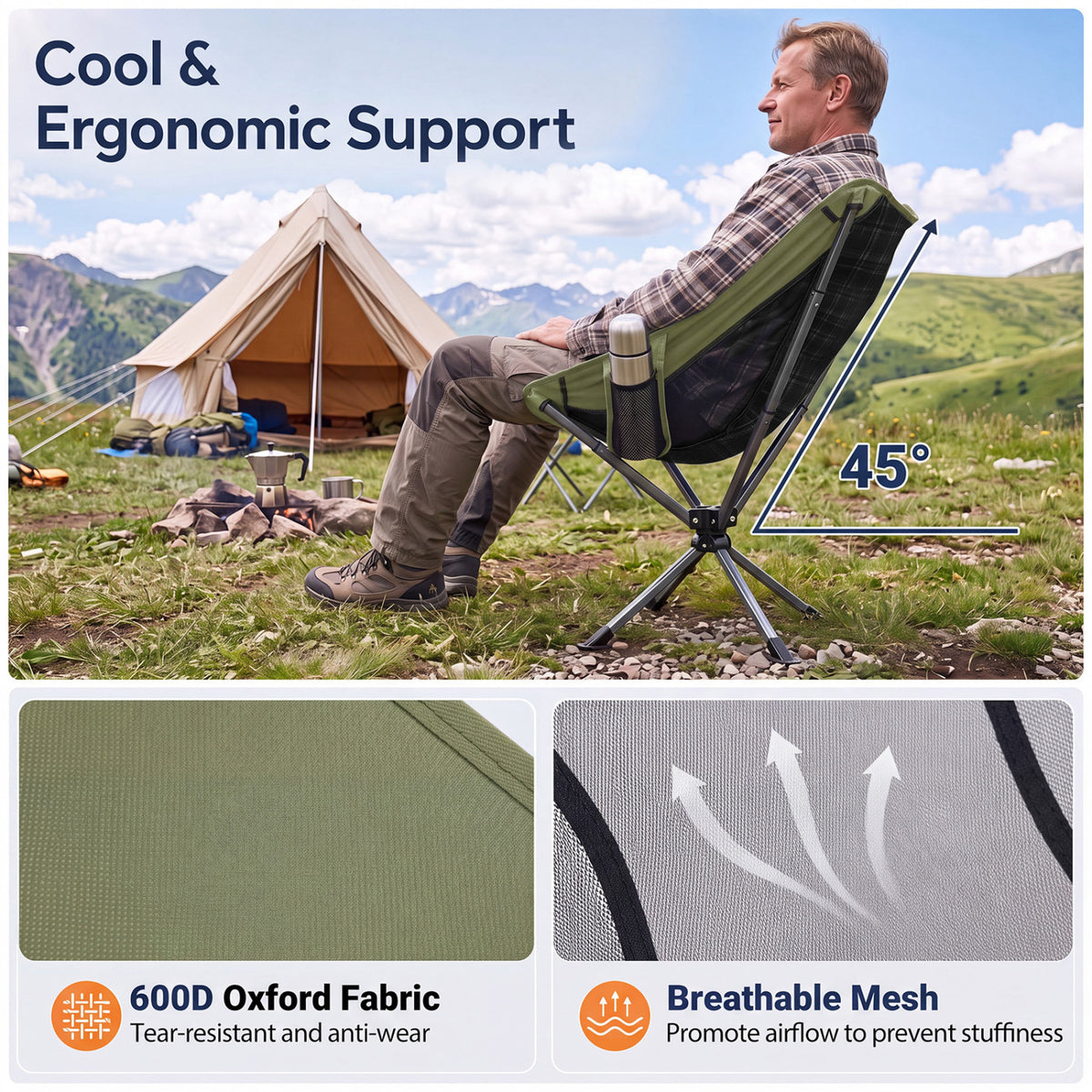 360° Swivel Camping Chair with Cup Holder and Side Pocket for Beach Support 300 LBS