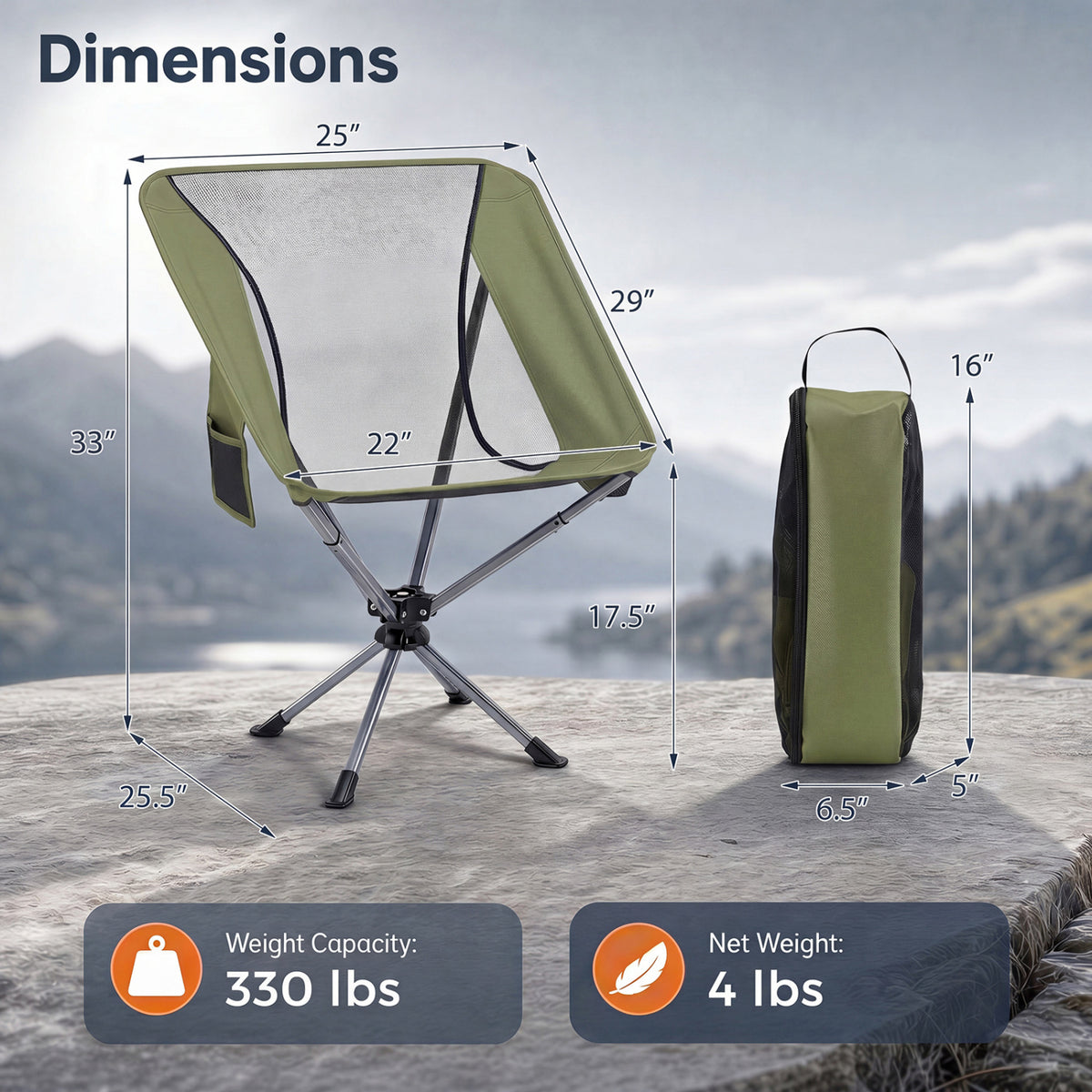 360° Swivel Camping Chair with Cup Holder and Side Pocket for Beach Support 300 LBS