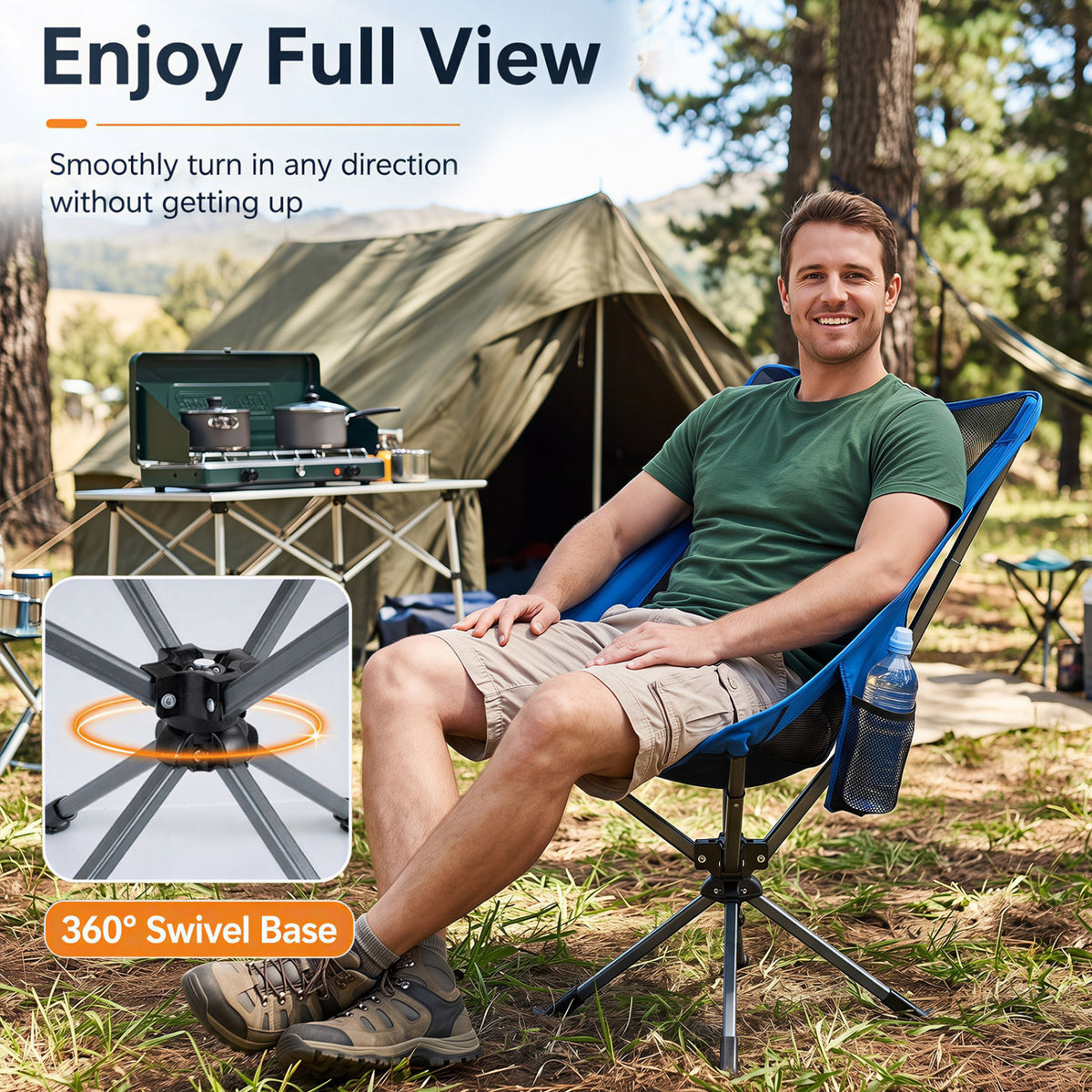 360° Swivel Camping Chair with Cup Holder and Side Pocket for Beach Support 300 LBS