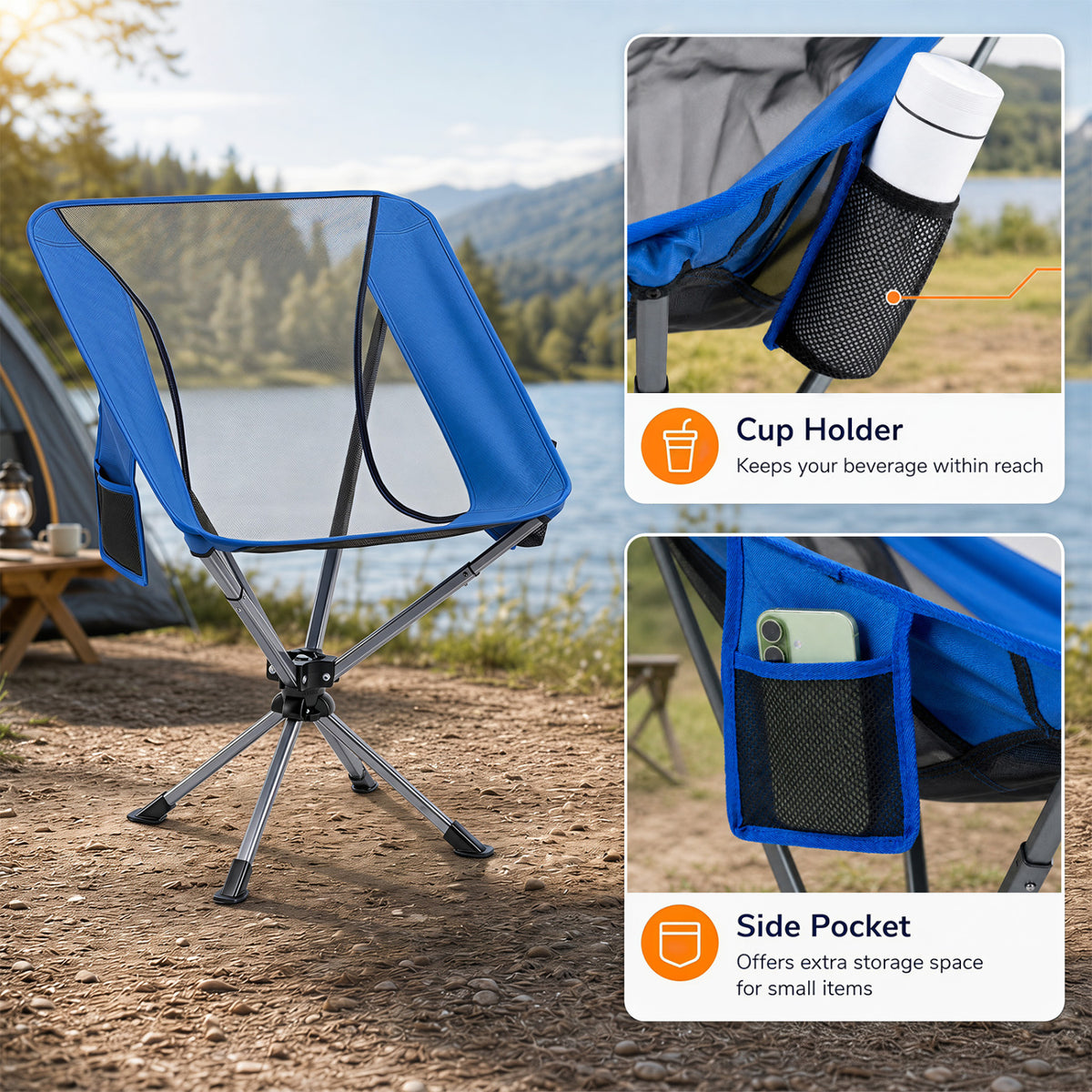 360° Swivel Camping Chair with Cup Holder and Side Pocket for Beach Support 300 LBS