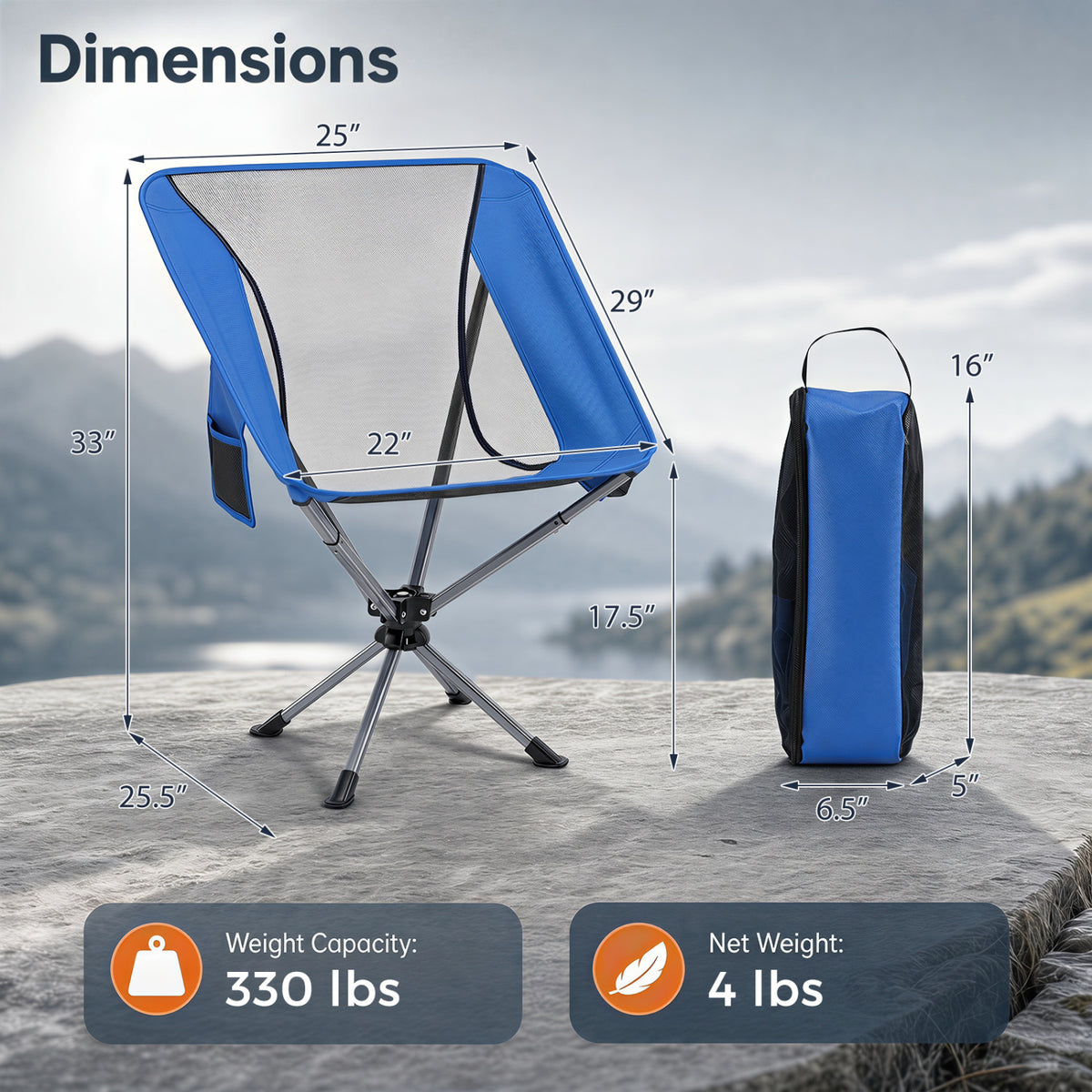 360° Swivel Camping Chair with Cup Holder and Side Pocket for Beach Support 300 LBS