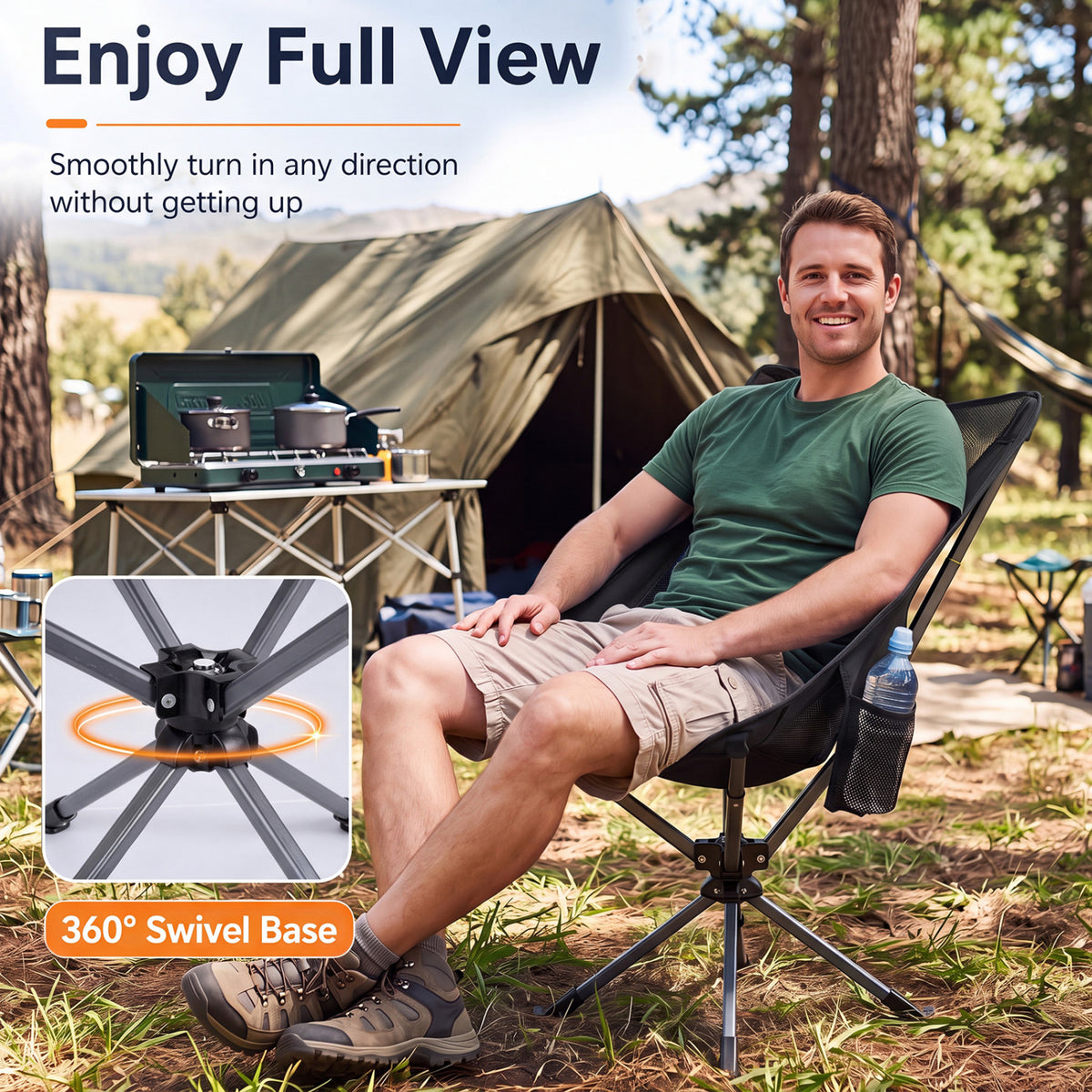 360° Swivel Camping Chair with Cup Holder and Side Pocket for Beach Support 300 LBS