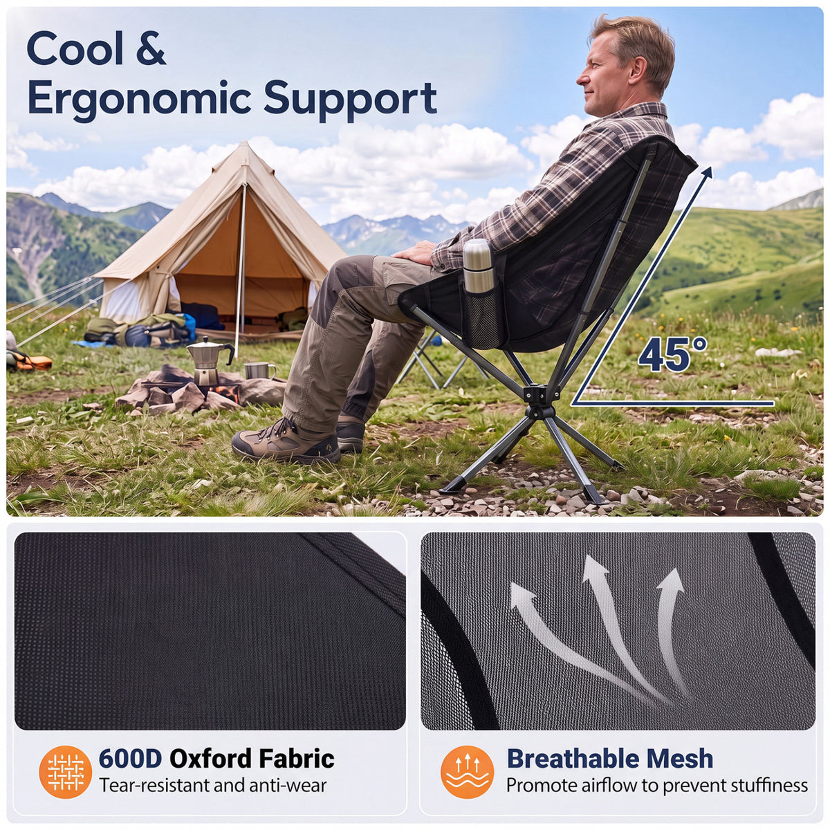 360° Swivel Camping Chair with Cup Holder and Side Pocket for Beach Support 300 LBS