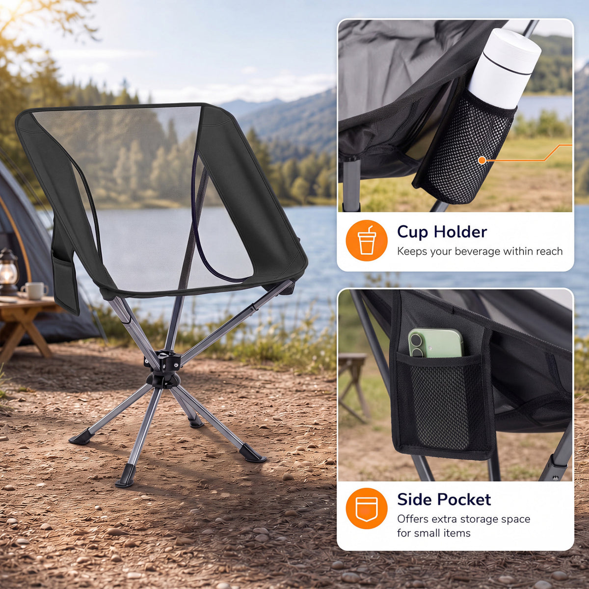 360° Swivel Camping Chair with Cup Holder and Side Pocket for Beach Support 300 LBS