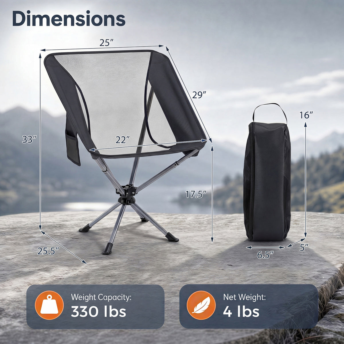 360° Swivel Camping Chair with Cup Holder and Side Pocket for Beach Support 300 LBS