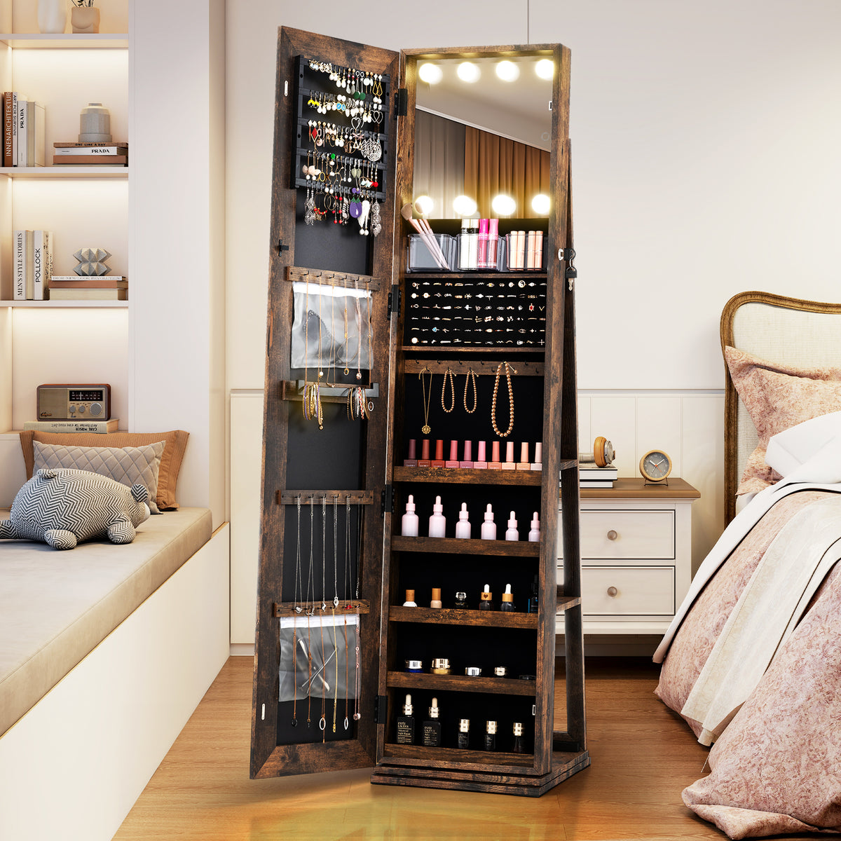 360° Swivel Freestanding Jewelry Cabinet with Lighted Full Length Mirror
