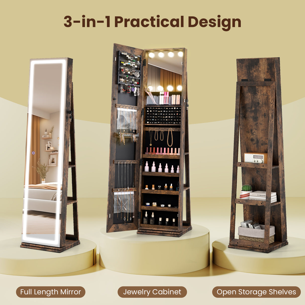 360° Swivel Freestanding Jewelry Cabinet with Lighted Full Length Mirror
