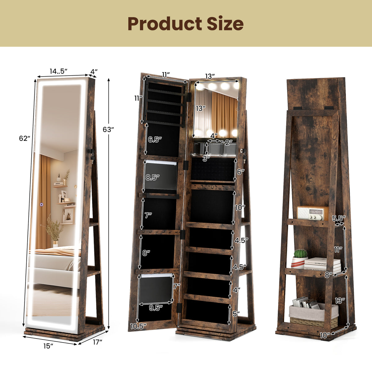 360° Swivel Freestanding Jewelry Cabinet with Lighted Full Length Mirror