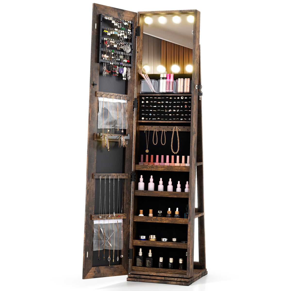 360° Swivel Freestanding Jewelry Cabinet with Lighted Full Length Mirror