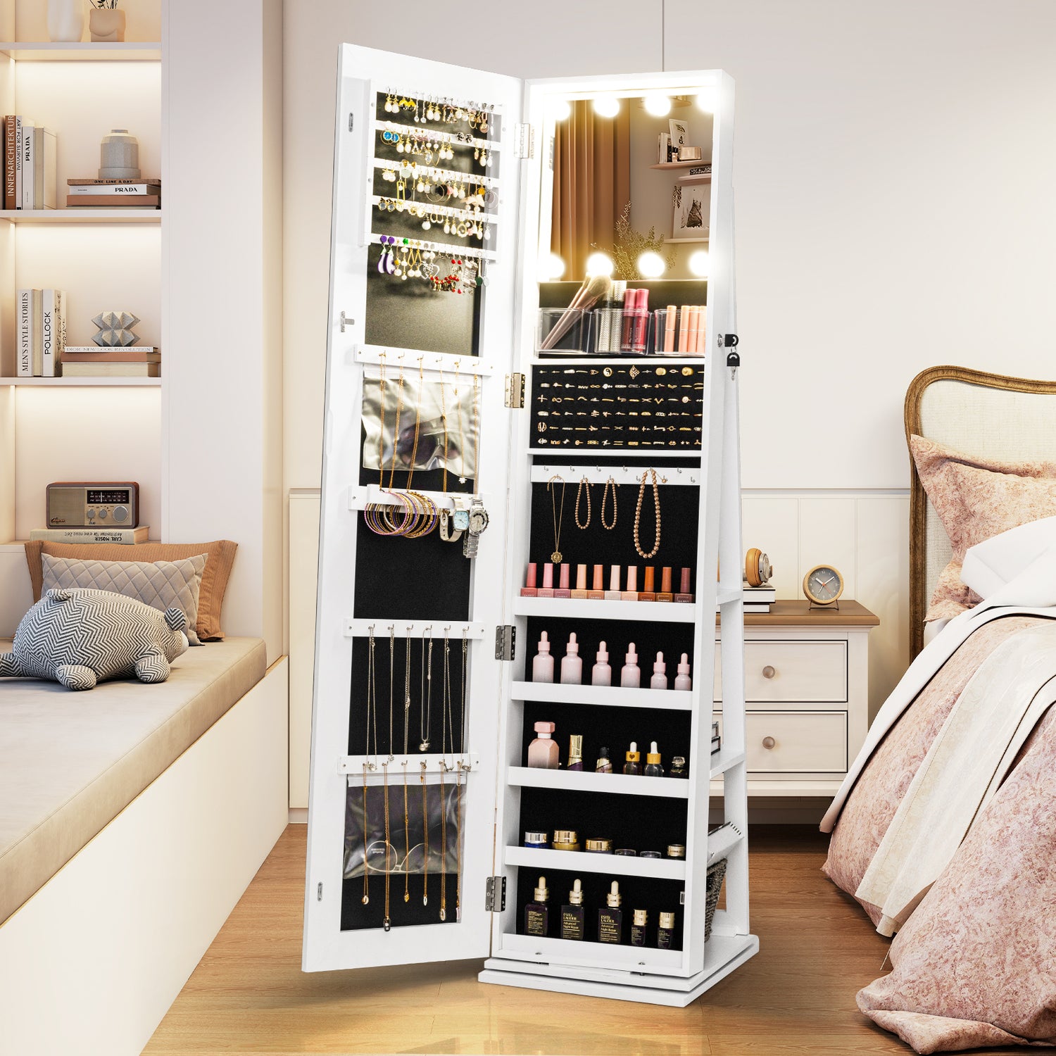360° Swivel Freestanding Jewelry Cabinet with Lighted Full Length Mirror