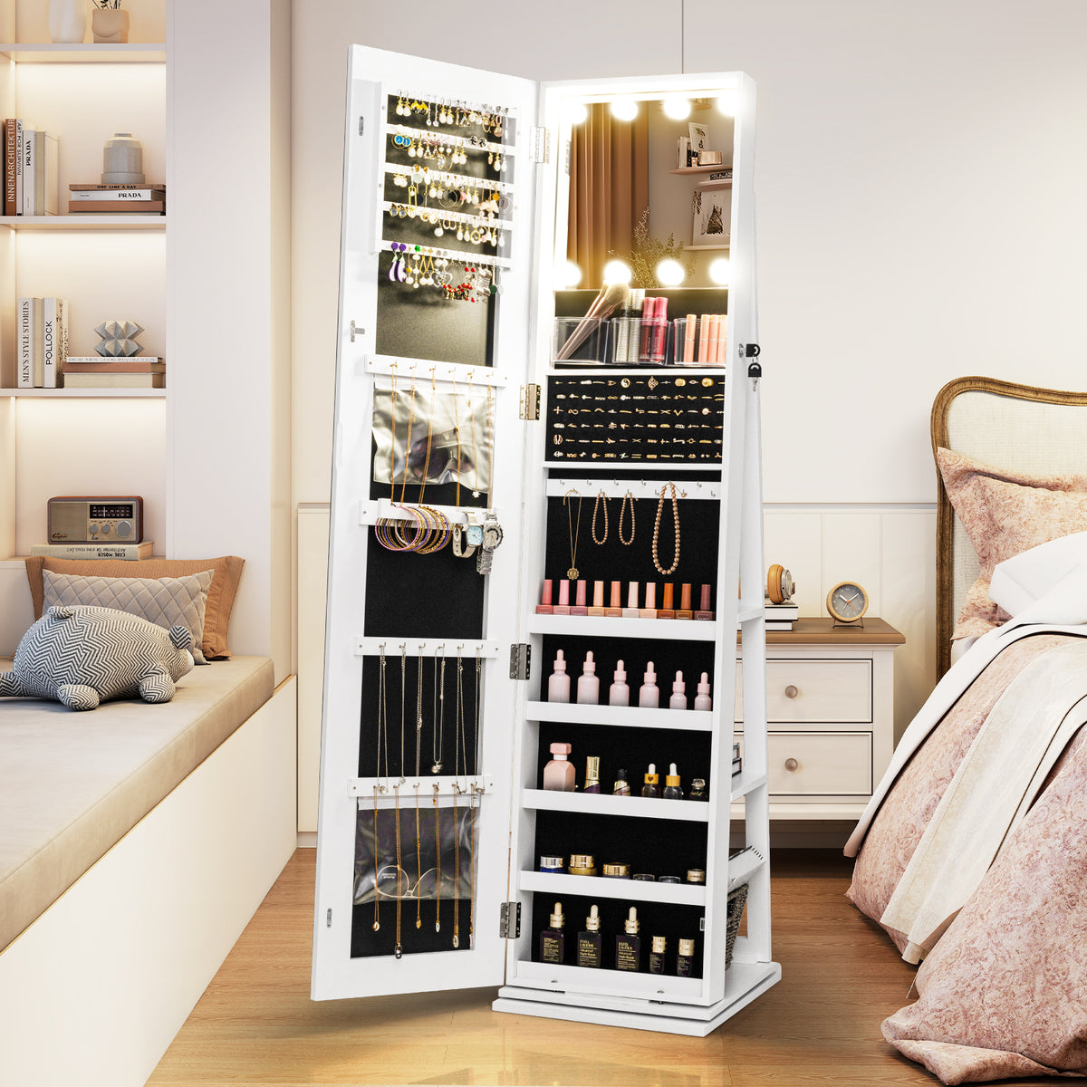 360° Swivel Freestanding Jewelry Cabinet with Lighted Full Length Mirror