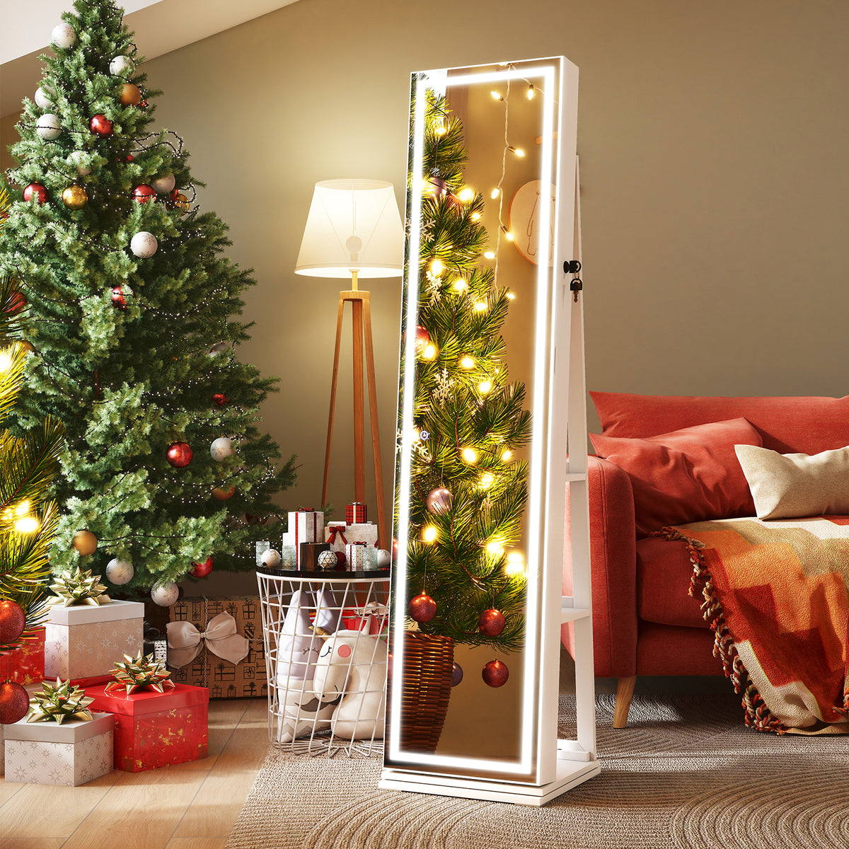 360° Swivel Freestanding Jewelry Cabinet with Lighted Full Length Mirror