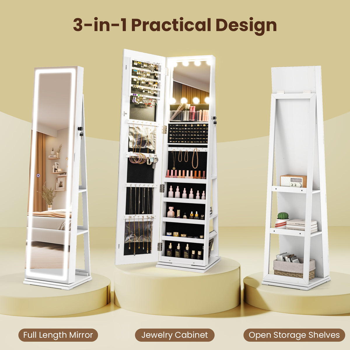360° Swivel Freestanding Jewelry Cabinet with Lighted Full Length Mirror