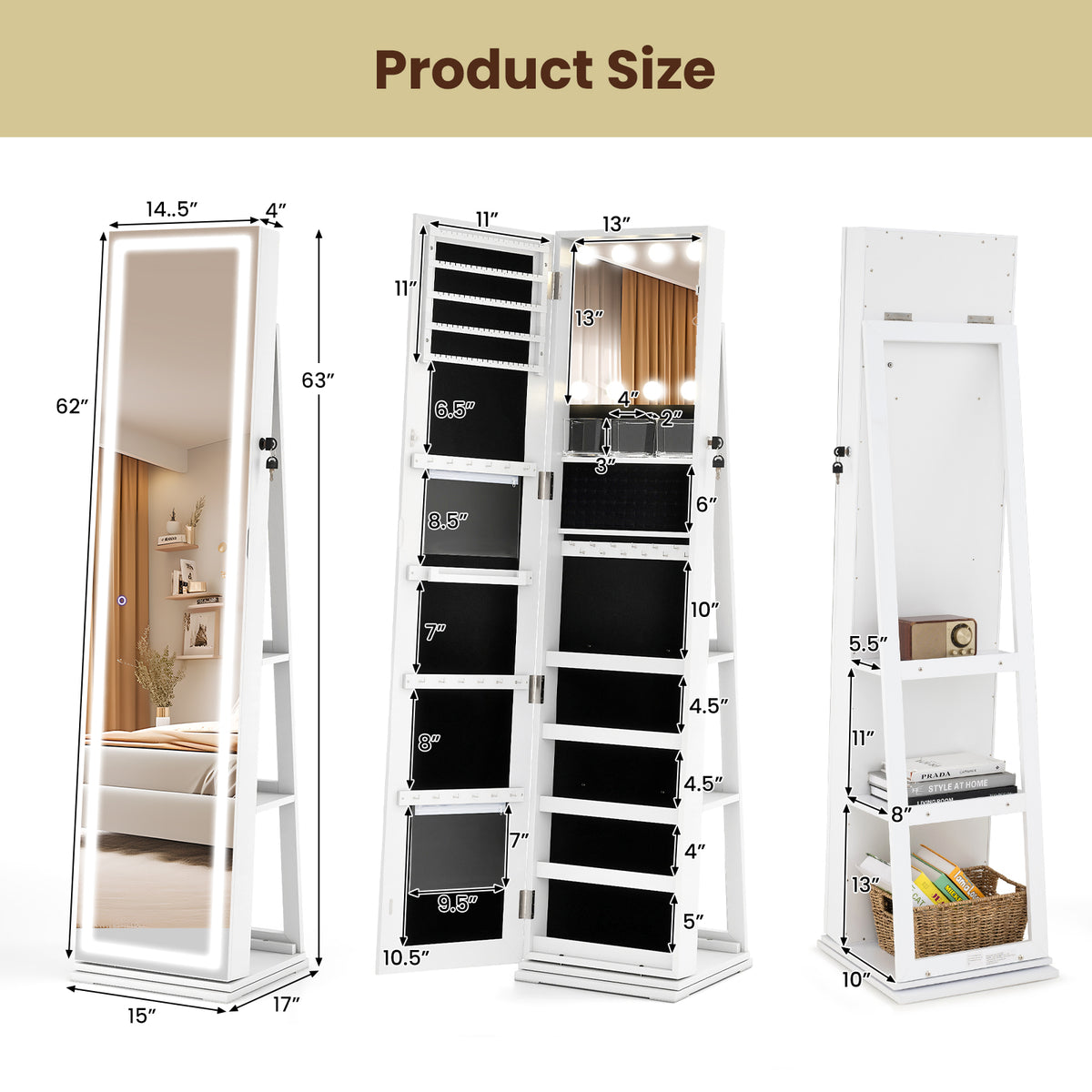 360° Swivel Freestanding Jewelry Cabinet with Lighted Full Length Mirror