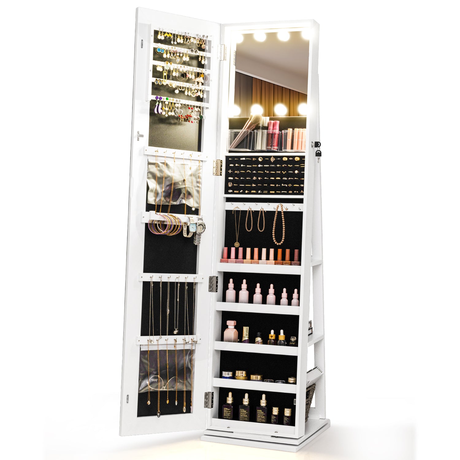 360° Swivel Freestanding Jewelry Cabinet with Lighted Full Length Mirror