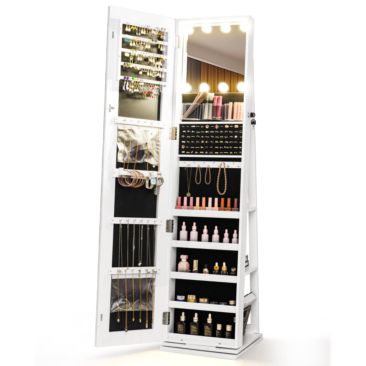 360° Swivel Freestanding Jewelry Cabinet with Lighted Full Length Mirror