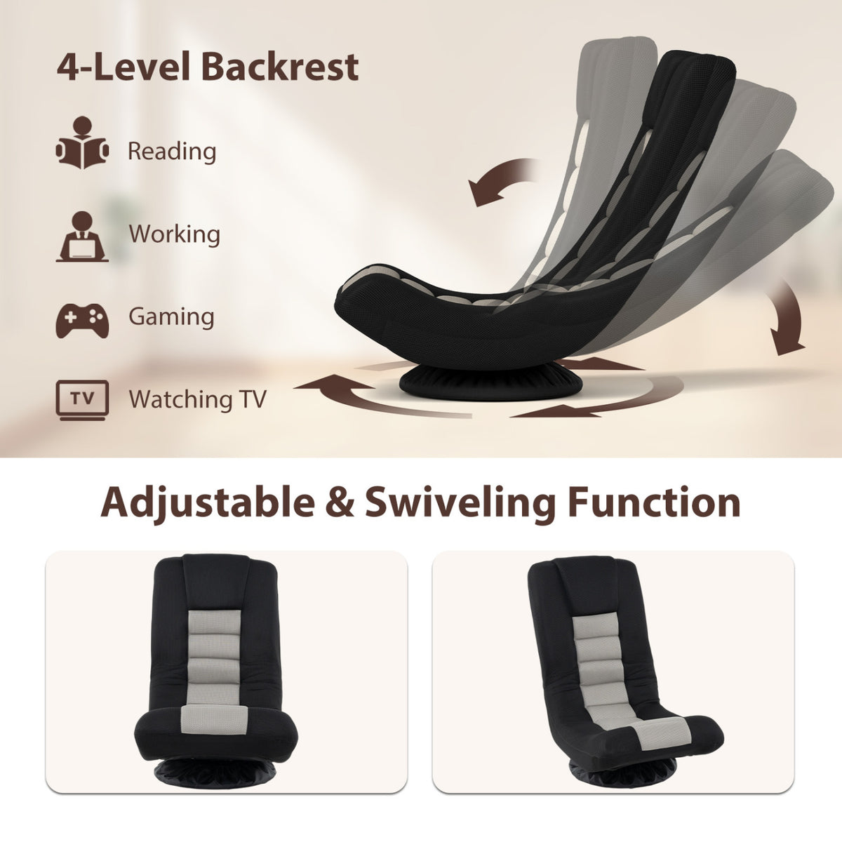 360° Swivel Gaming Chair with 4 Adjustable Position-Black and Gray
