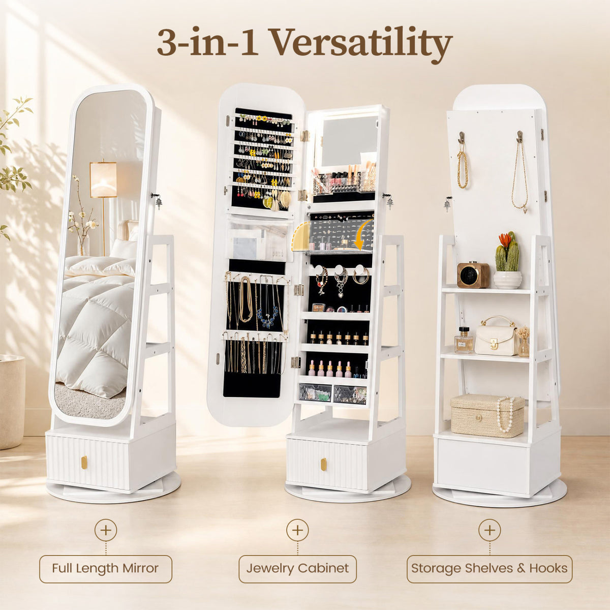 360° Swivel Jewelry Cabinet with Full-Length Mirror and Dual Hooks-White