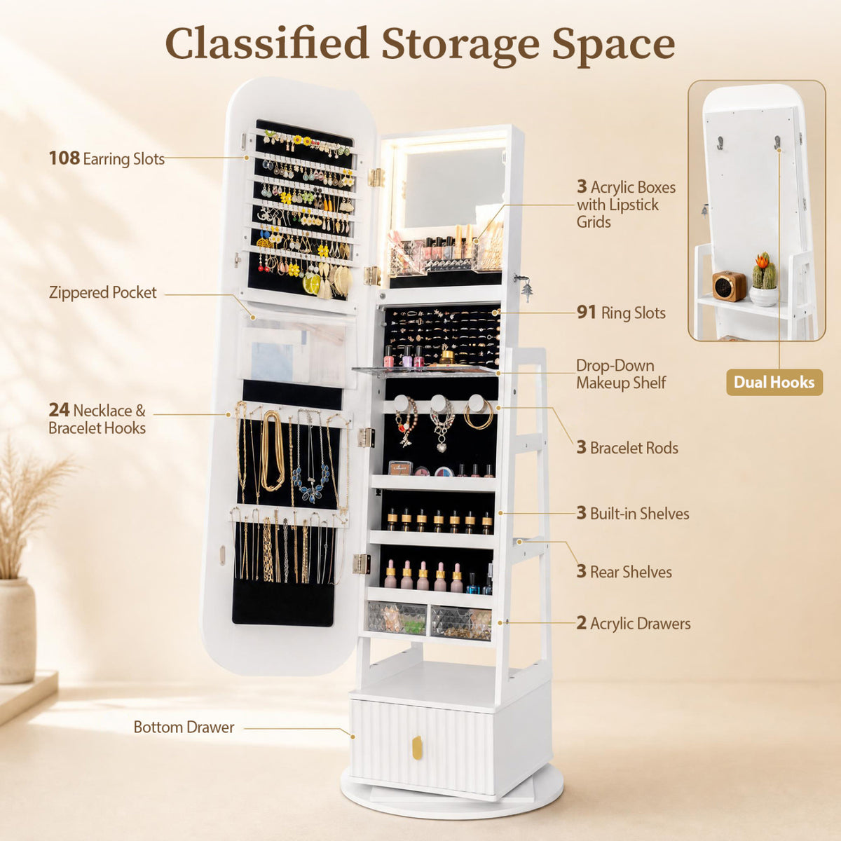 360° Swivel Jewelry Cabinet with Full-Length Mirror and Dual Hooks-White