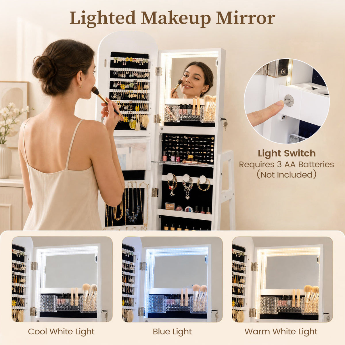 360° Swivel Jewelry Cabinet with Full-Length Mirror and Dual Hooks-White