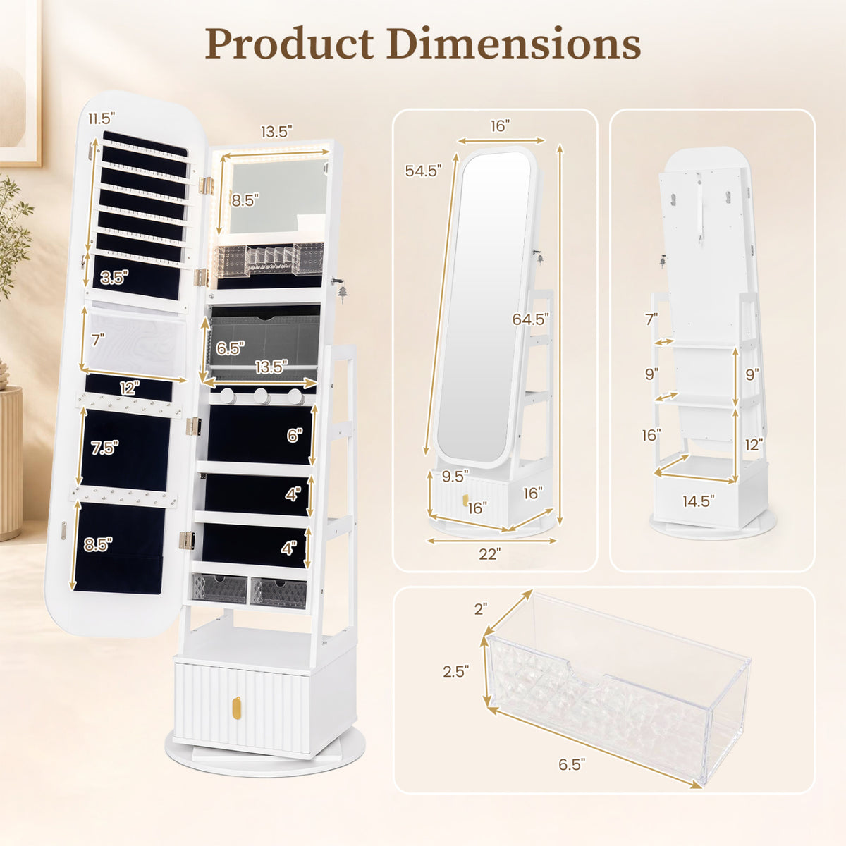 360° Swivel Jewelry Cabinet with Full-Length Mirror and Dual Hooks-White