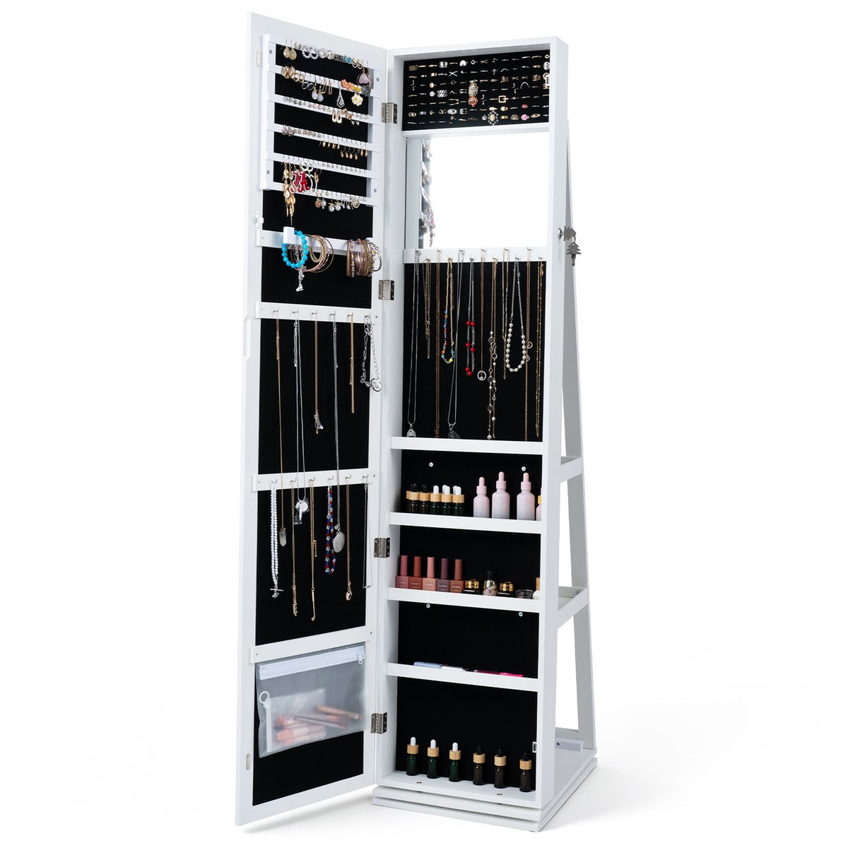 360° Swivel Jewelry Cabinet with Full-Length Mirror for Bedroom-White