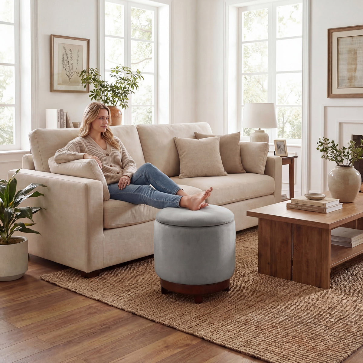 360° Swivel Velvet Foot Rest with Hidden Storage for Living Room