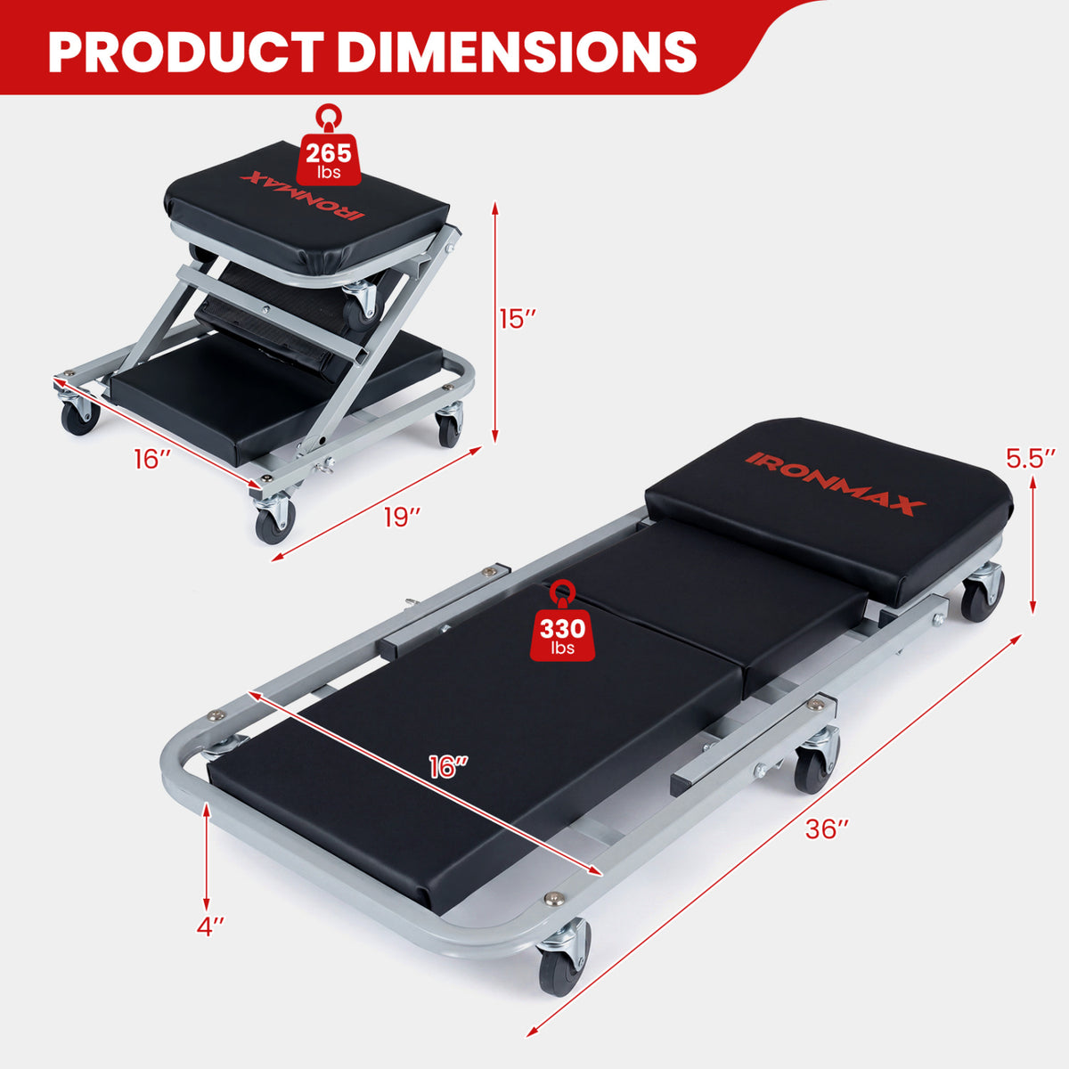 36" 2-in-1 Mechanic Creeper and Z-Seat with 6 Swivel Casters-Black
