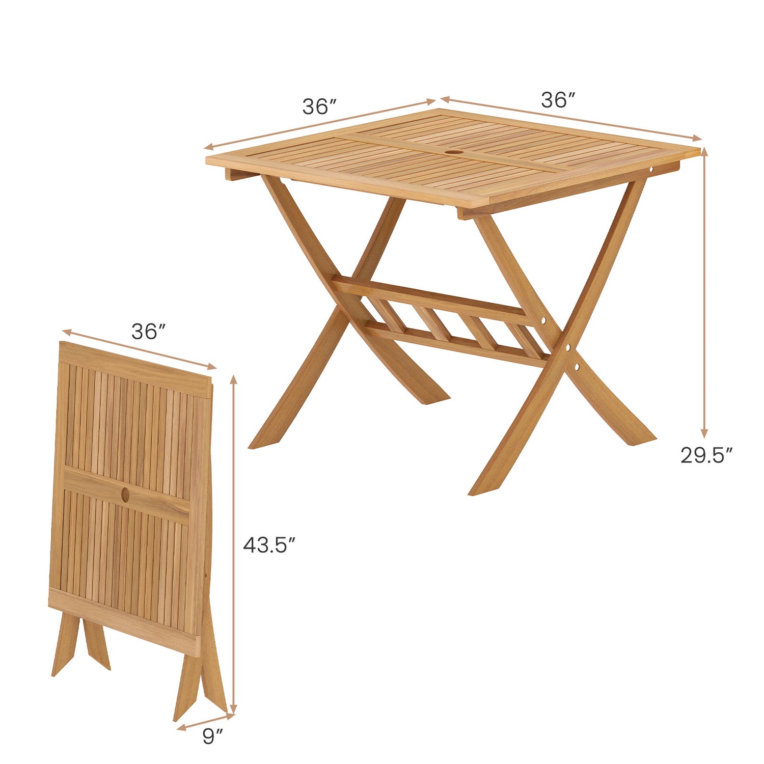 36-Inch Acacia Wood Folding Patio Dining Table with Umbrella Hole for 4 People