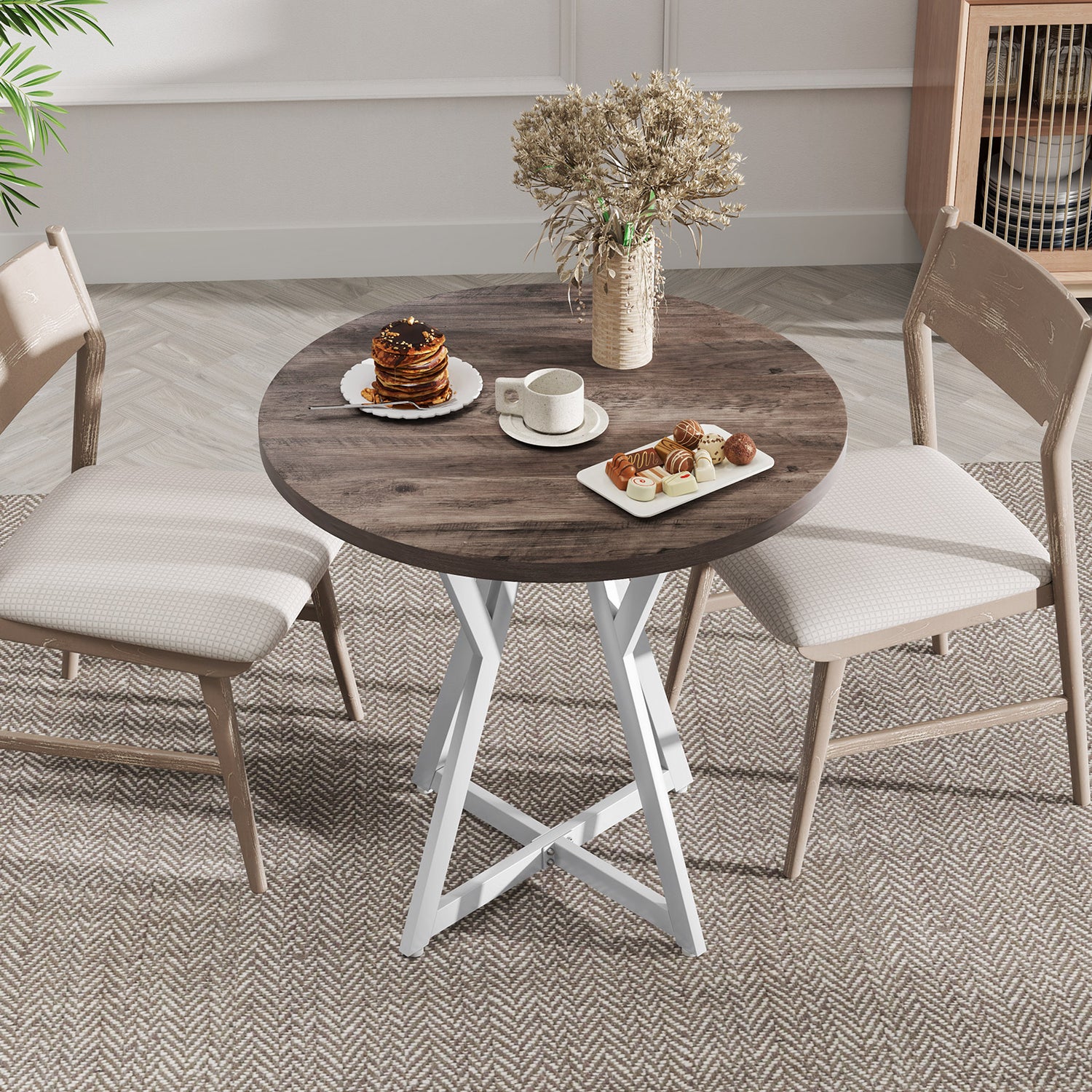 36 Inch Round Dining Table with Metal Pedestal Base-Natural