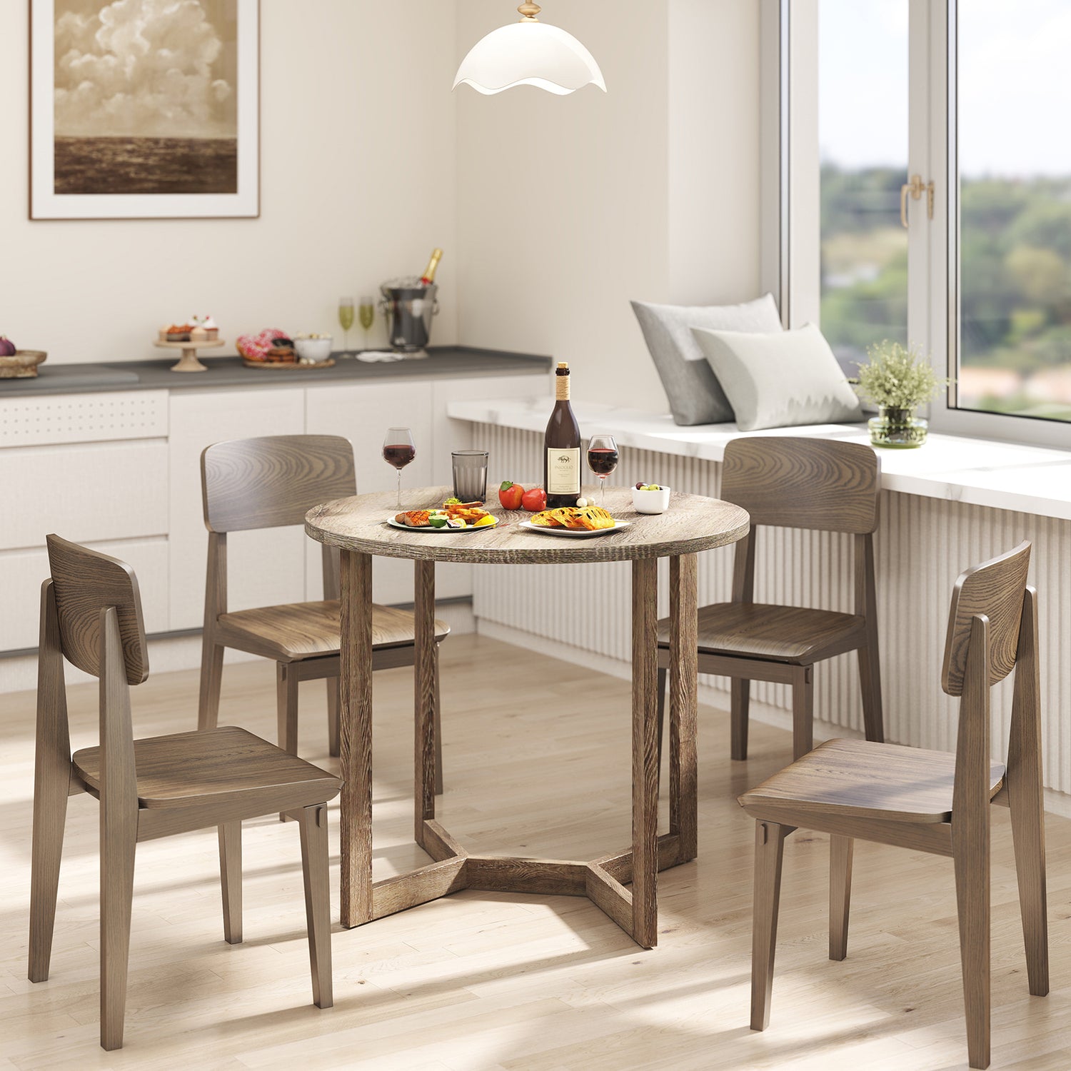 36 Inch Round Wood Dining Table for 2-4 People with Wing-shaped Pedestal Base