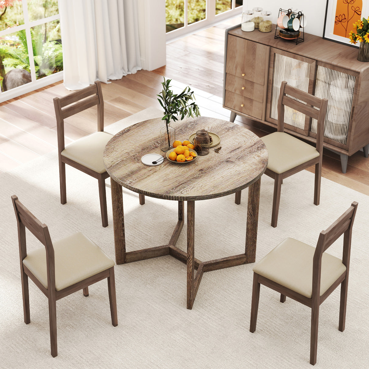 36 Inch Round Wood Dining Table for 2-4 People with Wing-shaped Pedestal Base