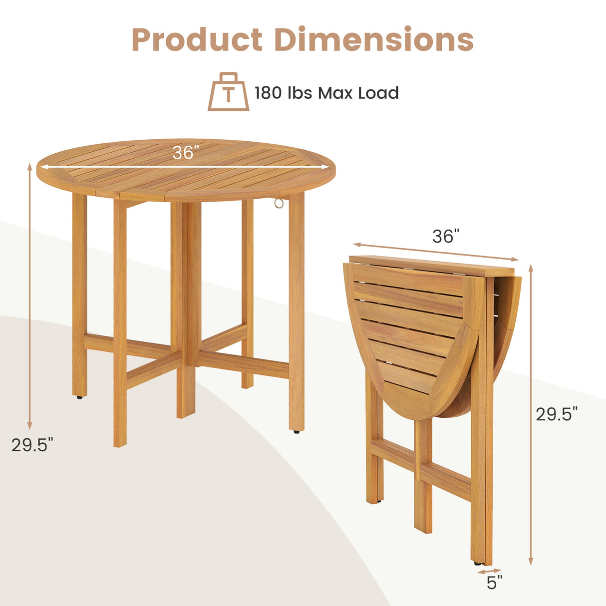 36 Inches Outdoor Folding Round Dining Table with Slatted Tabletop