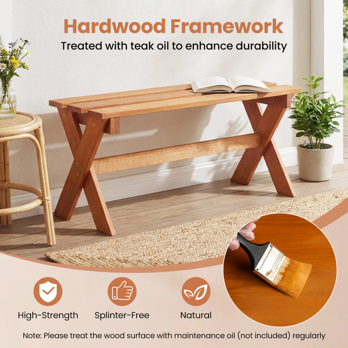 36" Outdoor Solid Wood Bench Set of 1/2 Backless Patio Dining Bench with Teak Oil Finish