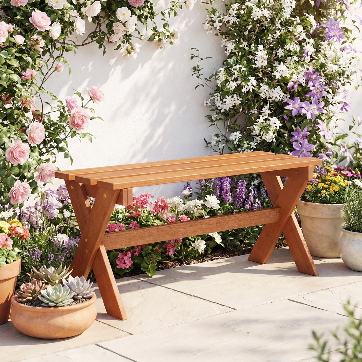 36" Outdoor Solid Wood Bench Set of 1/2 Backless Patio Dining Bench with Teak Oil Finish