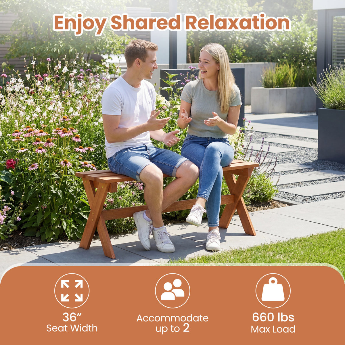 36" Outdoor Solid Wood Bench Set of 1/2 Backless Patio Dining Bench with Teak Oil Finish