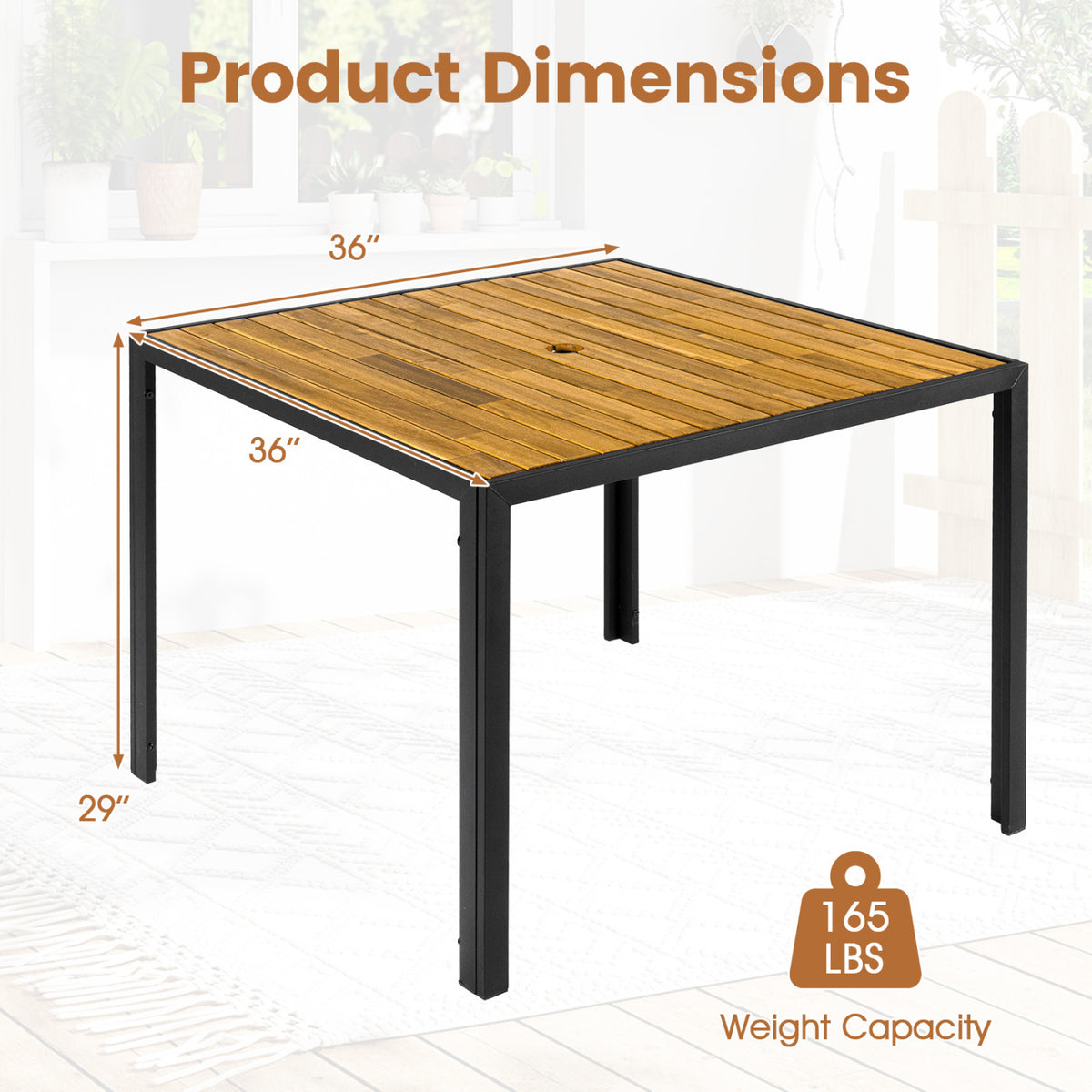 36 Inch Square Outdoor Dining Table for 4 with Slatted Top for Porch
