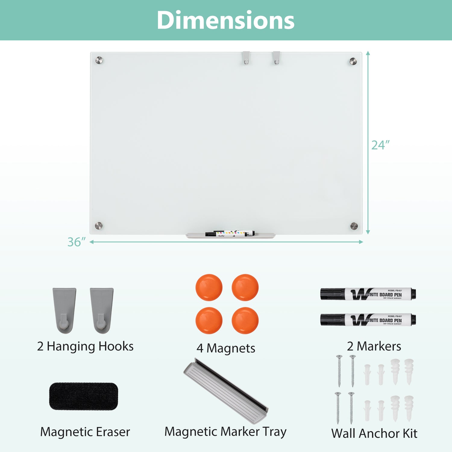 36 x 24 Inches Glass Whiteboard with Eraser and Removable Tray