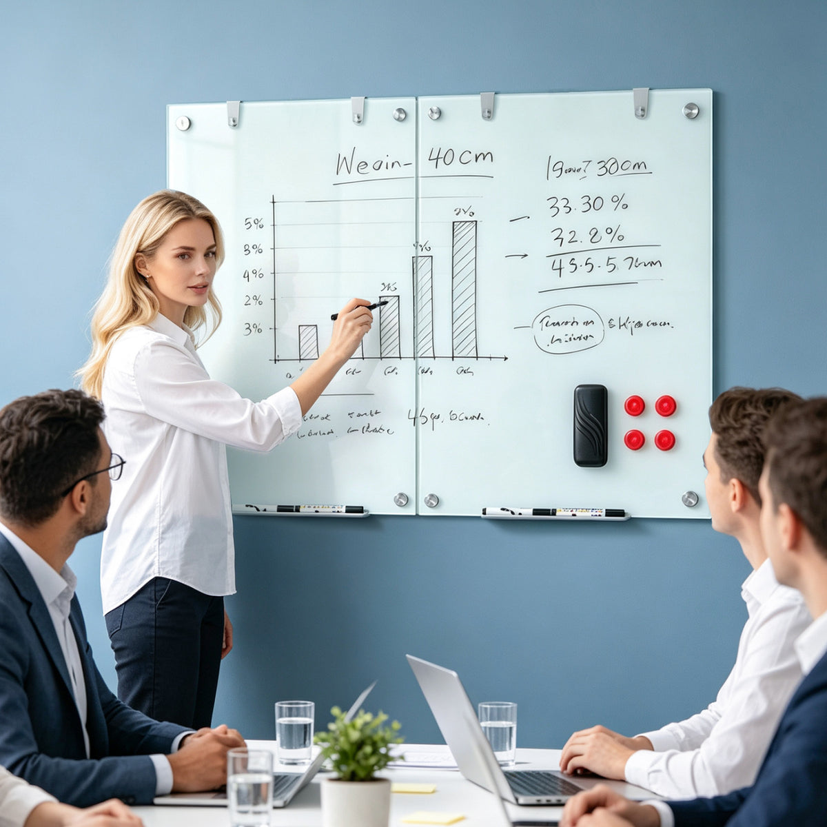 36 x 24 Inches Glass Whiteboard with Eraser and Removable Tray