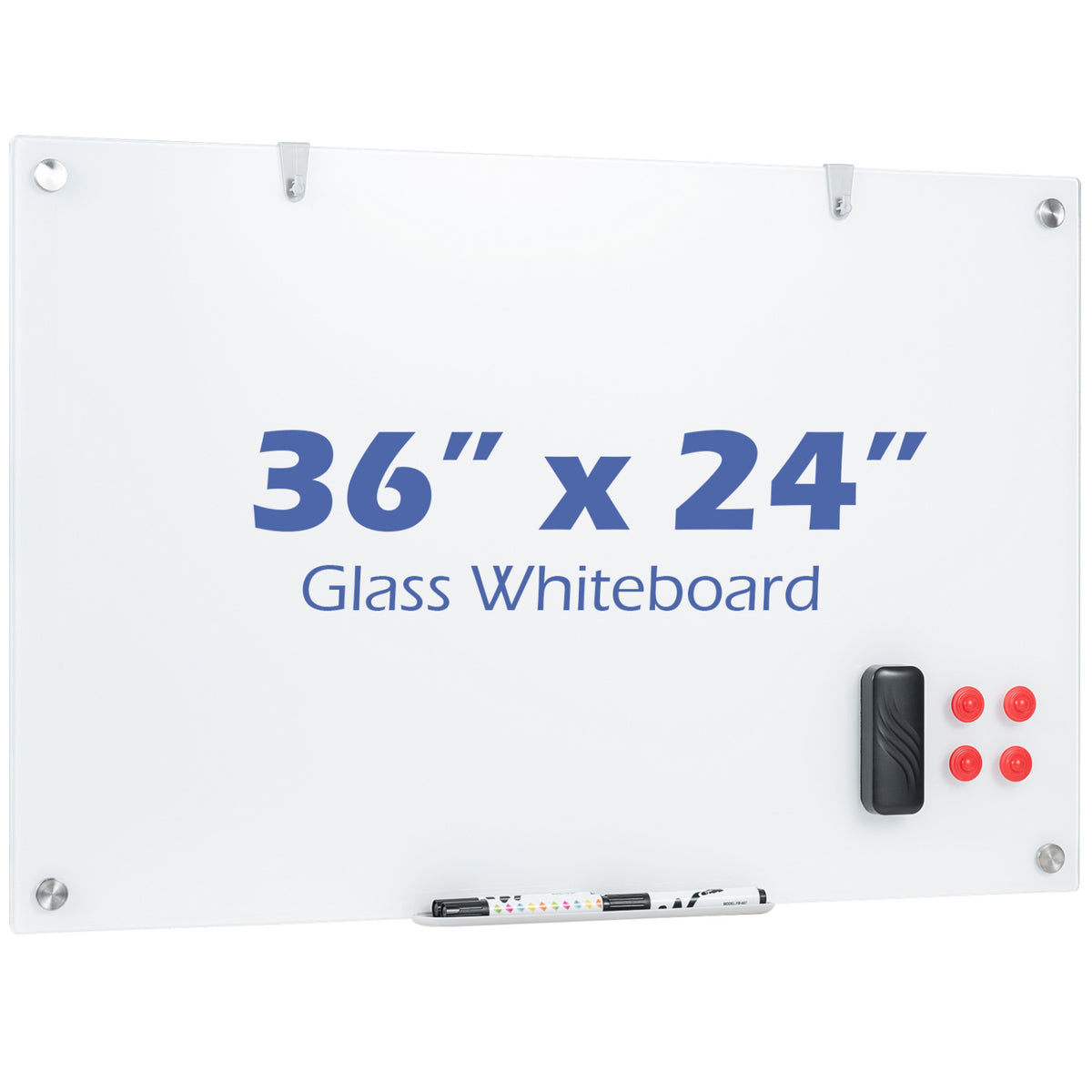 36 x 24 Inches Glass Whiteboard with Eraser and Removable Tray
