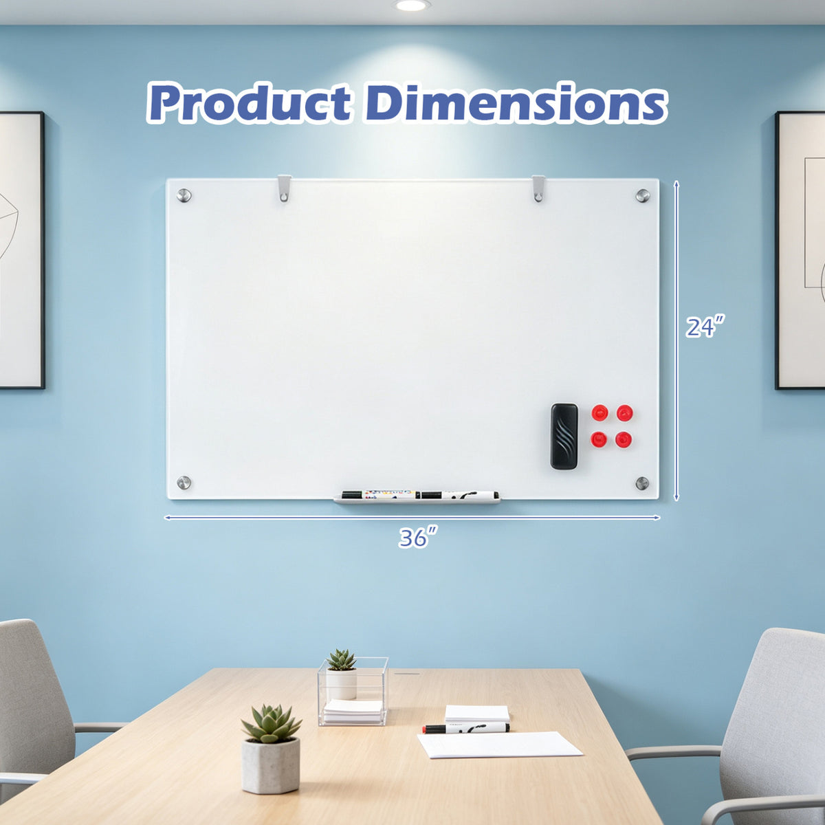 36 x 24 Inches Glass Whiteboard with Eraser and Removable Tray
