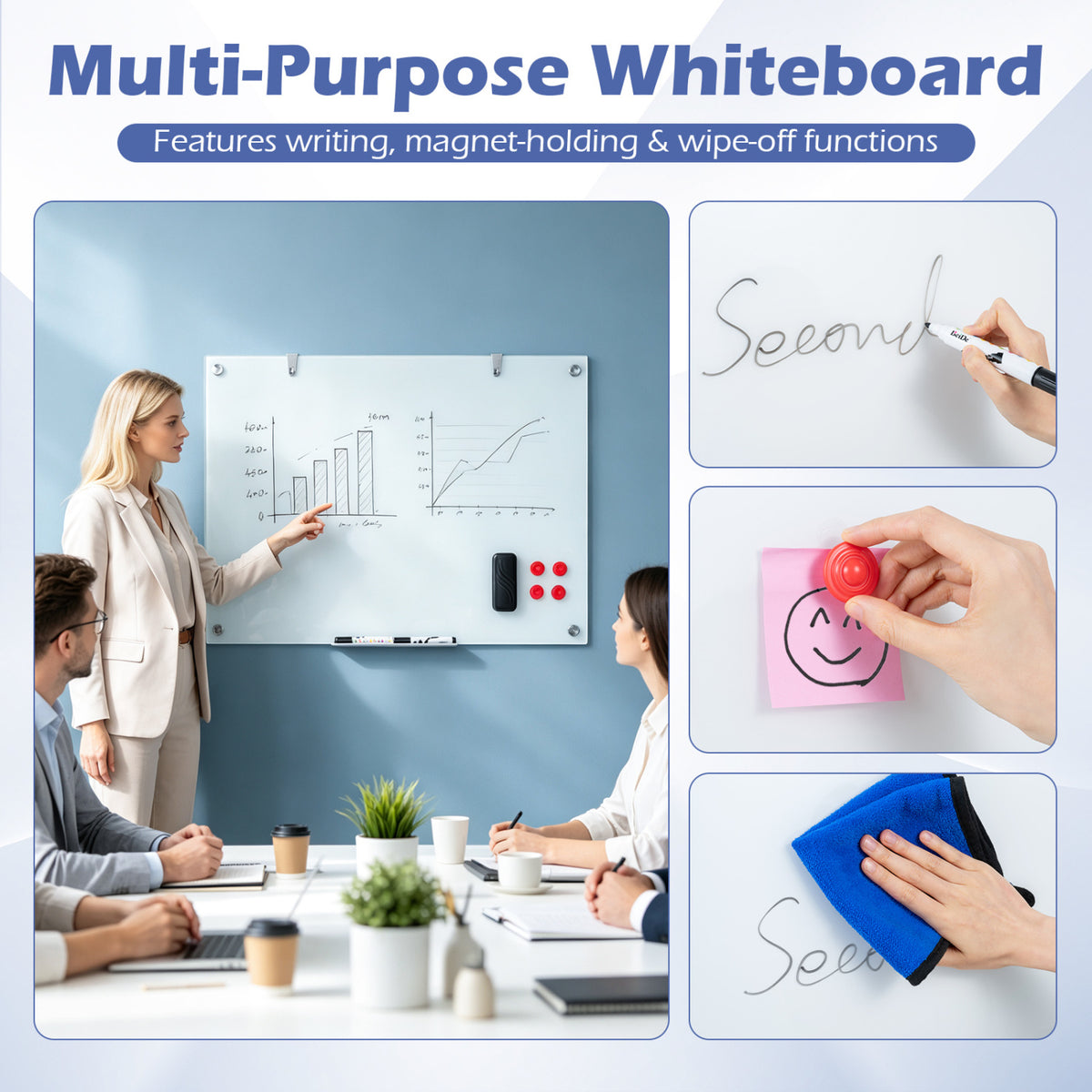 36 x 24 Inches Glass Whiteboard with Eraser and Removable Tray