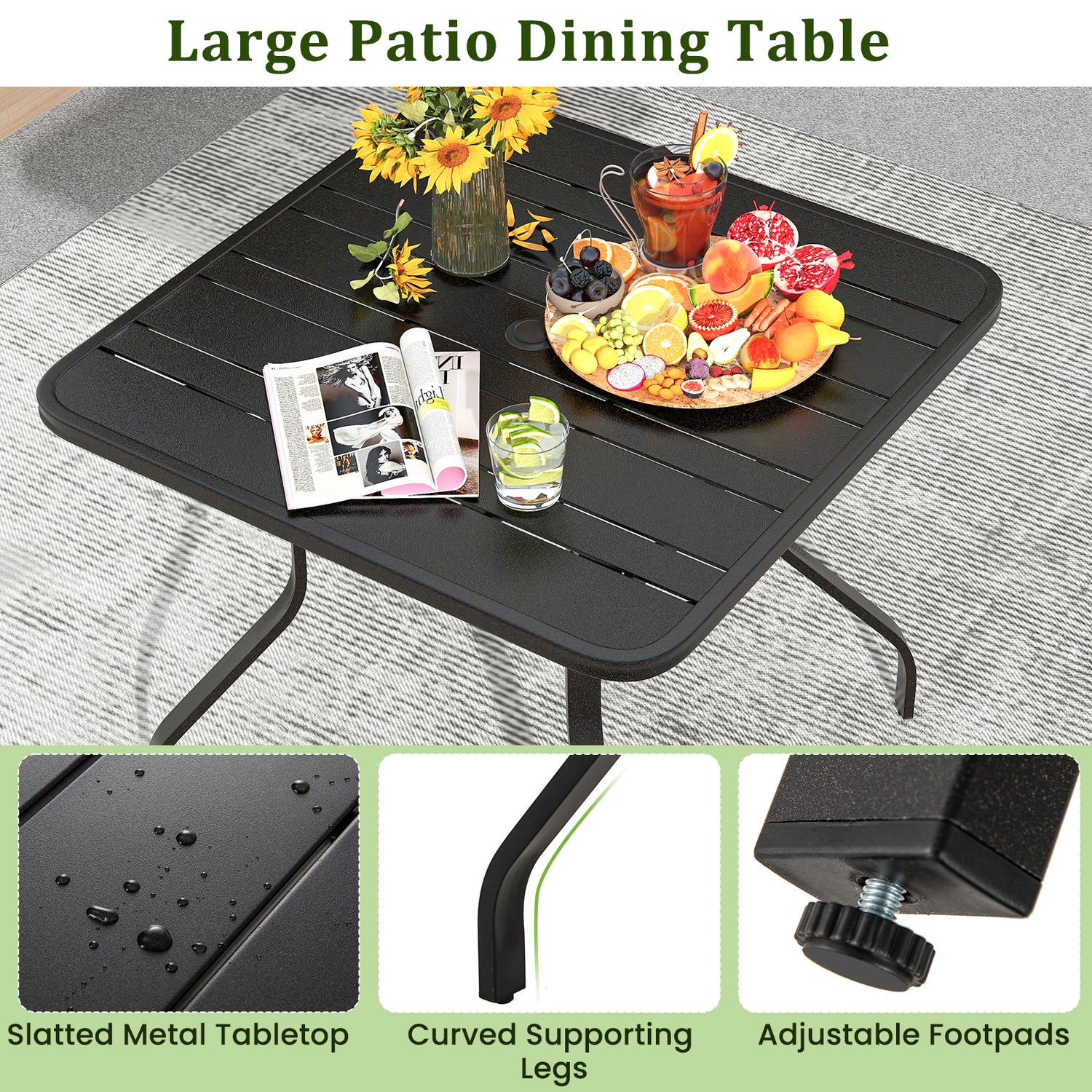 37 Inch Square Patio Dining Table with Umbrella Pole Hole